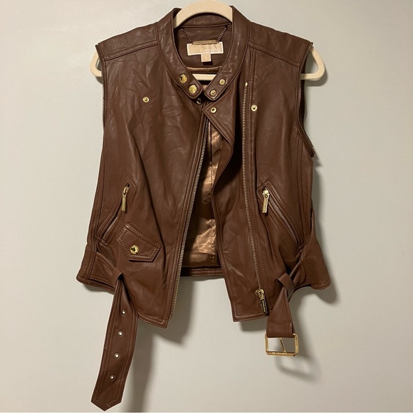 Michael Kors Biker 2 in 1 convertible vest brown leather jacket gold hardware - Picture 2 of 15